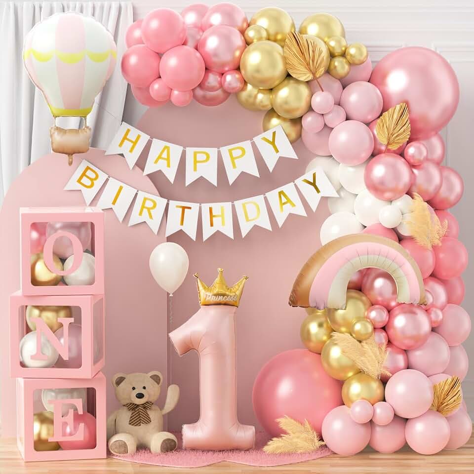 Geburtstagsdeko 1 Jahr Mädchen Rosa | Deko 1. Geburtstag Mädchen Ballonbox