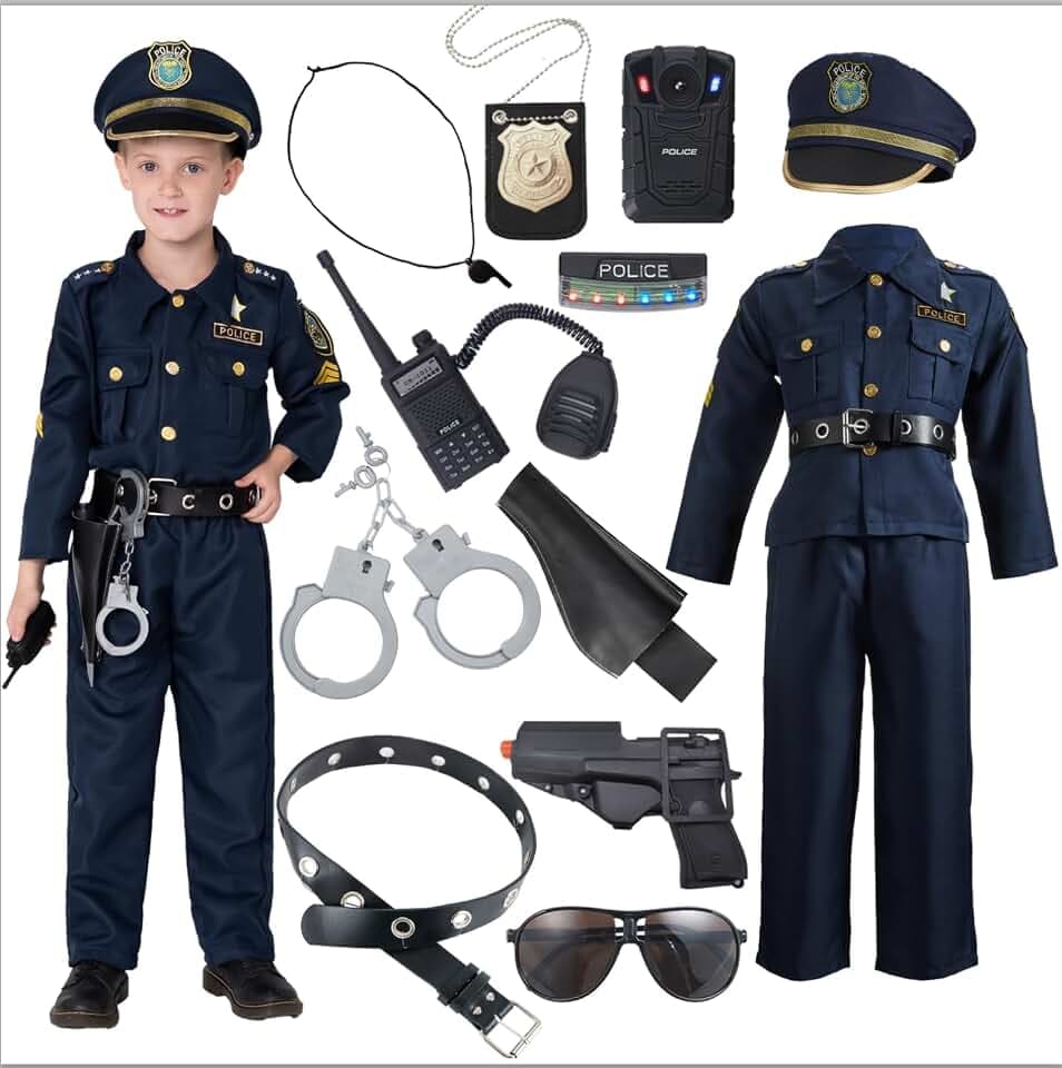 JOYIN Deluxe Polizistenkostüm und Rollenspielset für Kinder, Polizeikostüm inklusive Hemd, Hose, Hut, Gürtel, Handschellen und Holster -Polizeianzug Halloween, Cosplay