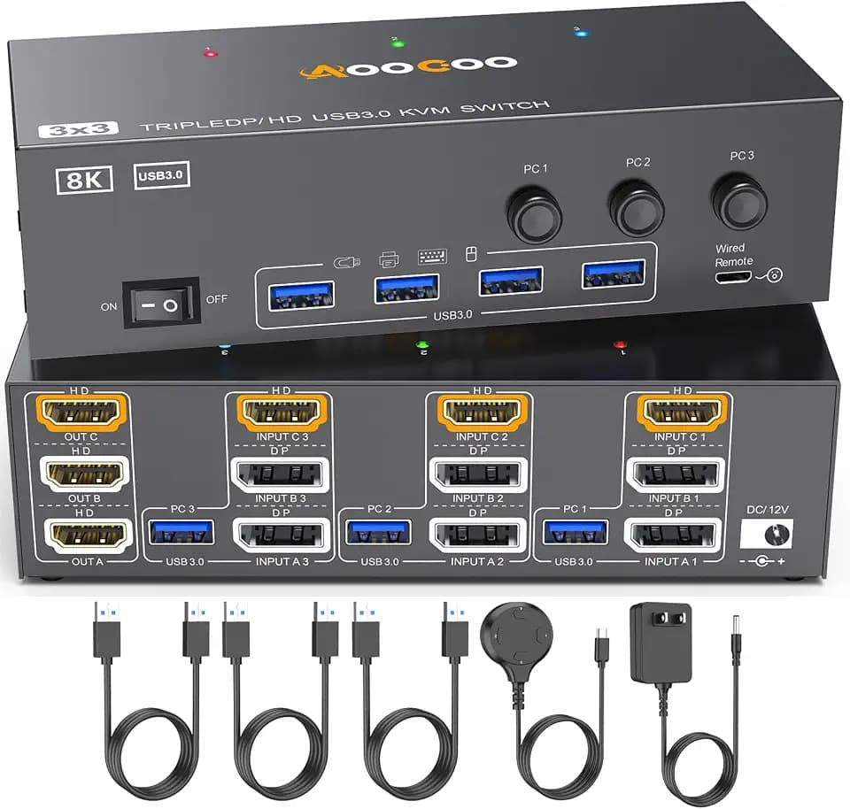 8K HDMI DP KVM Switch 3 Monitors 3 Computers, 8K@60Hz/4K@144Hz Triple Monitor KVM Switches for 3 Computers Sharing 3 Monitors, Keyboard and Mouse,with USB Cables,Controller and Power Adapter