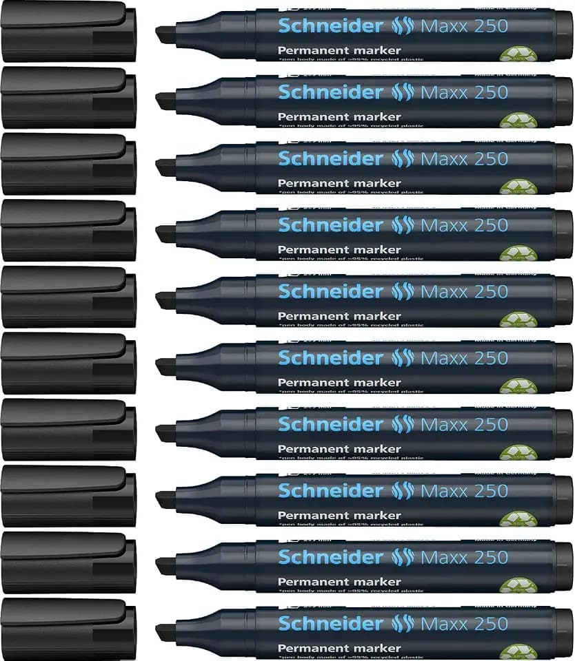 Schneider Maxx 250 Permanent-Marker mit Keilspitze (Strichstärke: 2+7 mm, nachfüllbar) 10er Packung schwarz