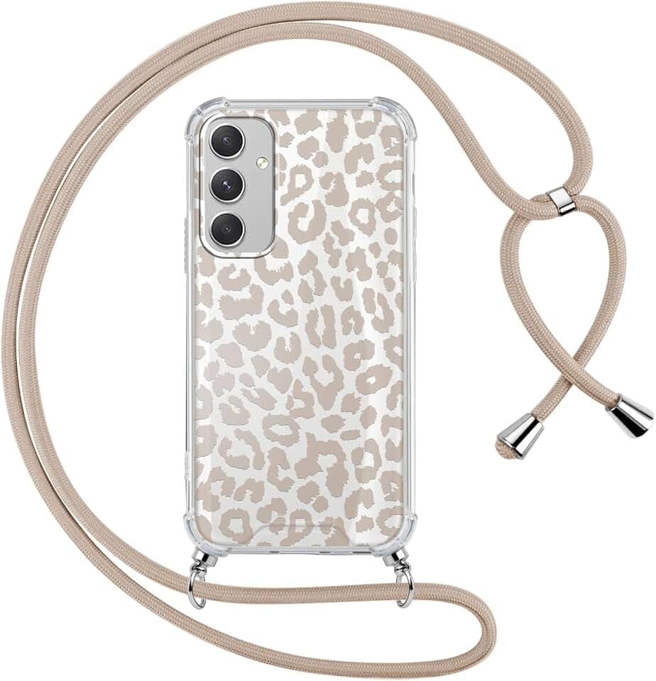 ZhuoFan Handykette Handyhülle für Samsung Galaxy A22 5G Hülle mit Band, Transparent Aesthetic Leopard Muster Schutzhülle Silikon + Schwer PC mit Kordel zum Umhängen Necklace Lanyard Bumper Case, 01