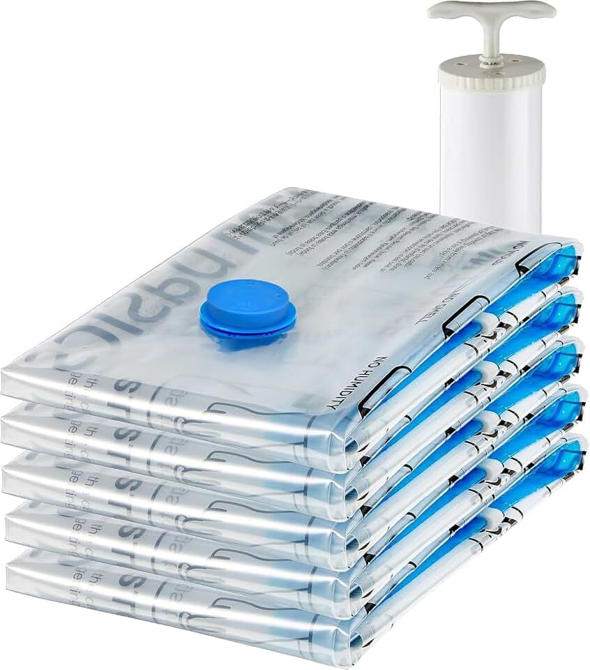 Amazon Basics Vakuumbeutel für Kleidung mit Luftdichtem Ventil und Handpumpe - Mittelgroß, 5er-Pack, Reißverschluss, Durchsichtig