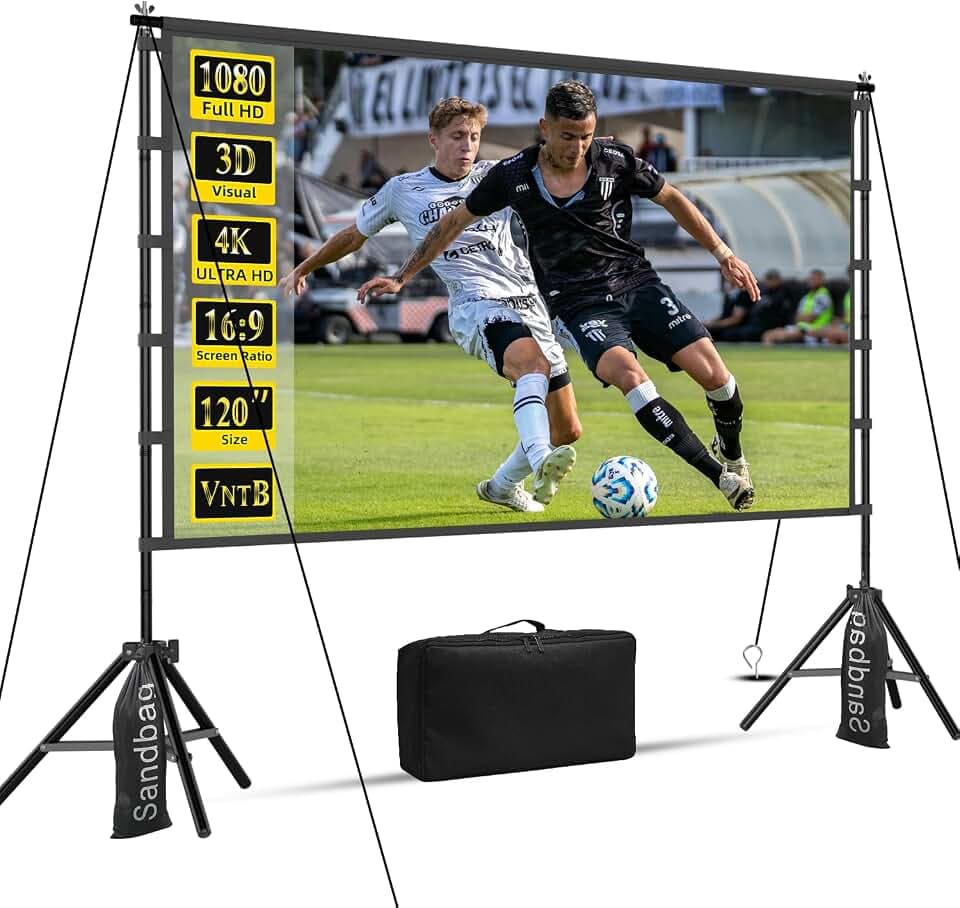 120 inch Projector Screen with Stand, Portable Outdoor Projection Screen Rear Front Movie Screen with Carry Bag Wrinkle-Free 16:9 4K Washable for Indoor Home Theater, Backyard Movie Night 120inch
