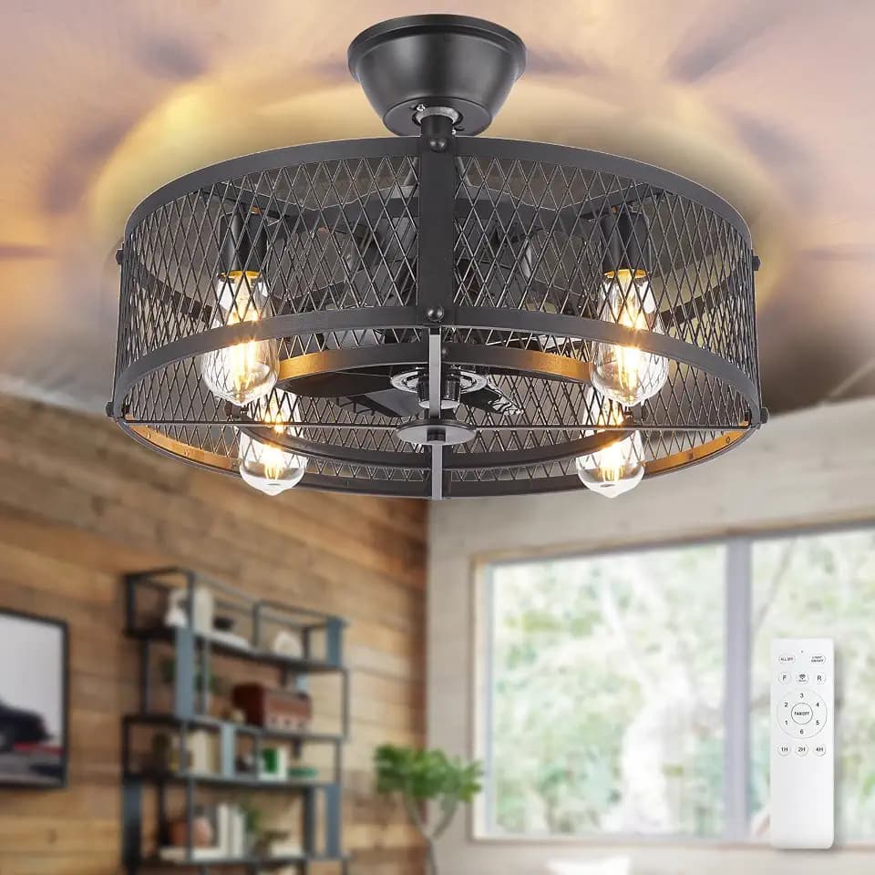 Depuley Outdoor Ceiling Fan with Light: 20" Caged Ceiling Fans with Remote Control for Patio Kitchen Bedroom - Farmhouse Fandelier Flush Mount Lights Fixture Reversible 6 Speed Timer Black