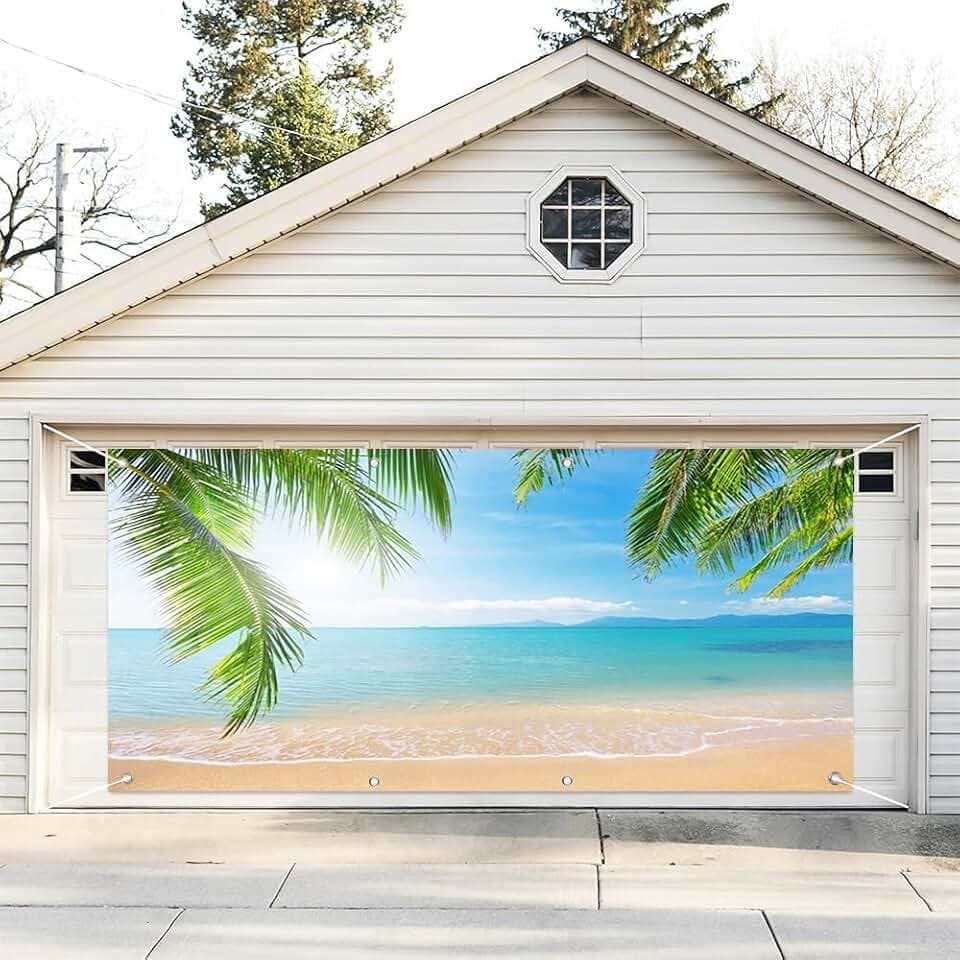 Leyiyi 7x16ft Tropical Beach Island Garage Door Decoration Banner Summer Hawaii Beach Scenery Garage Background Banner Blue Sea Waves Tropical Palm Trees Summer Holiday Photo Background Hanging Decor