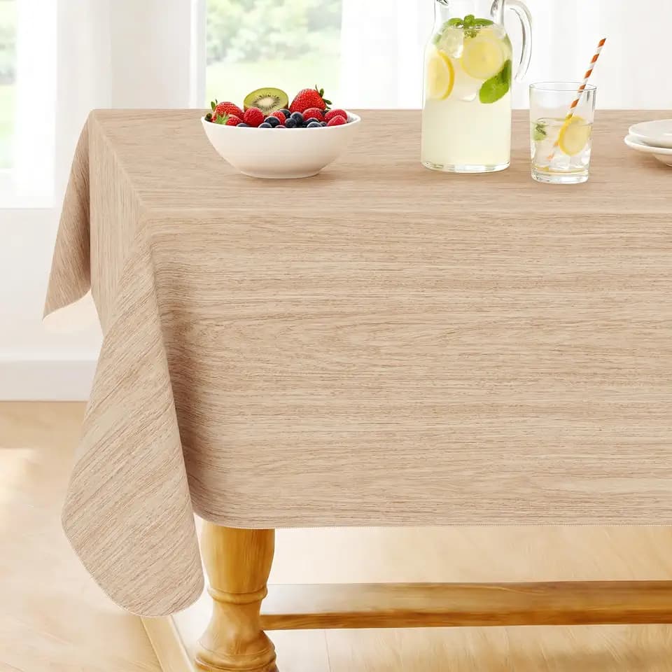 Smiry Rectangle Table Cloth, Waterproof Vinyl Tablecloths with Flannel Backing, Wipeable Spillproof Plastic Wood Grain Table Cover for Dining, Indoor and Outdoor (Beige, 70" x 108")