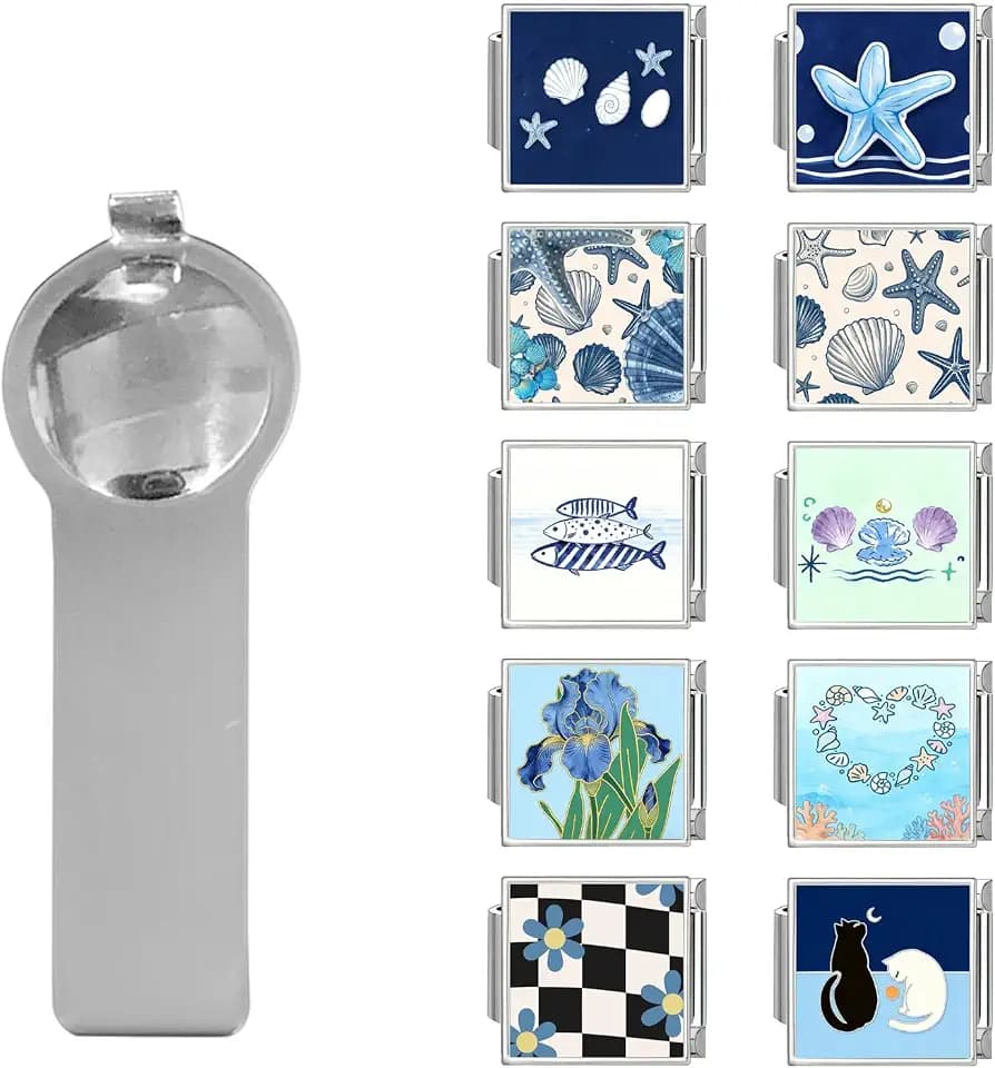 papasgix 11Pcs Italian Charms Set, 10mm*9mm Silvery Square Italian Charm Bracelet Link Colorful Patterns Shell Sea Star Cat Stainless Steel DIY Jewelry Gifts
