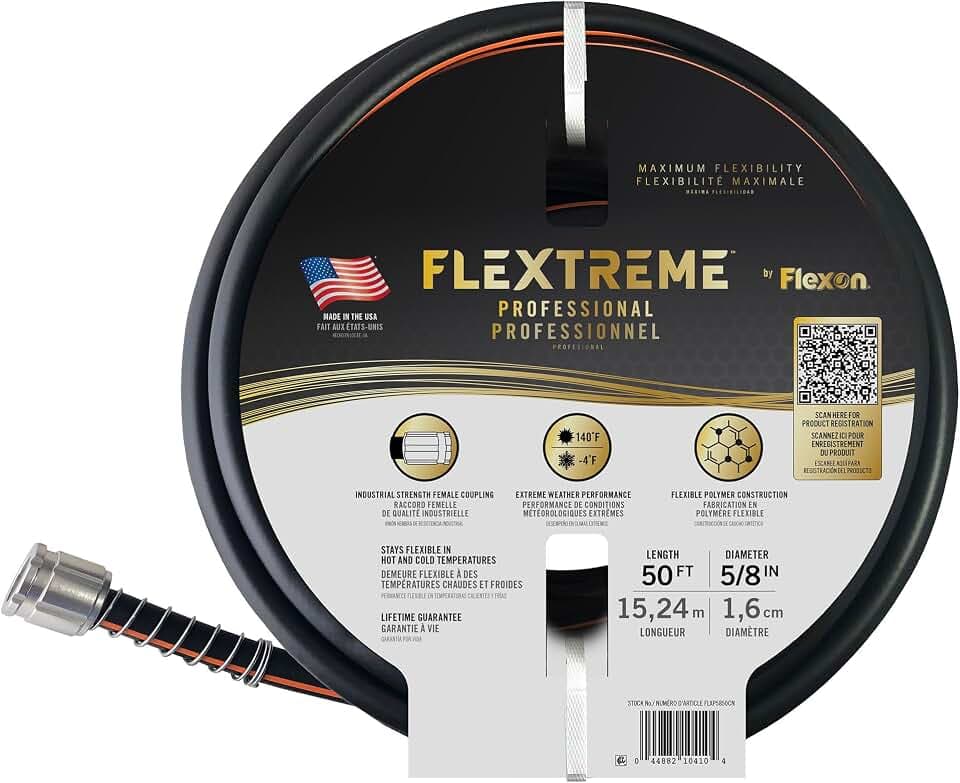 Flexon Flextreme Pro 5/8" x 50ft Performance Rubber Garden Hose – Heavy-Duty, Kink-Resistant, All-Weather Flexibility, Industrial-Grade Couplings, Durable Outdoor Watering Hose for Lawn & Garden