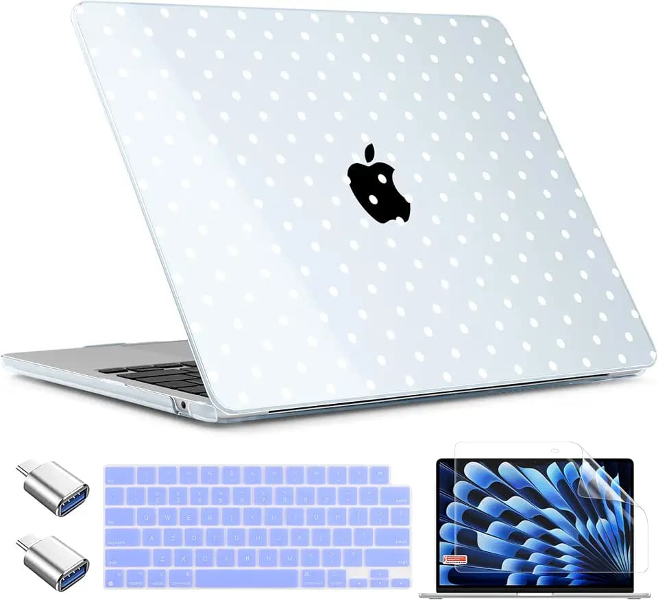 TWOLSKOO for MacBook Air 13 inch Case M5 2026 M4 2025 M3 M2 2024-2022 A3449 A3240 A3113 A2681, Plastic Hard Shell & Keyboard Cover & Type C for MacBook Air 13.6 inch Case, Blue Polka Dots