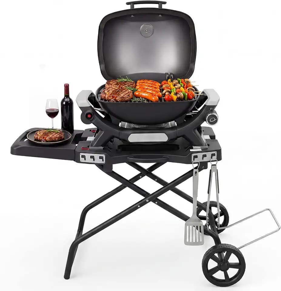 GFTIME Tragbarer Grillwagen für Weber Q1000, Q2000 Gasgrills, Rollwagen Grilltisch für Blackstone, Grillständer Outdoor Servierwagen Grill Trolley für Weber Q1200, Q1200N, Q1400, Q2200, Q2200N, Q2400