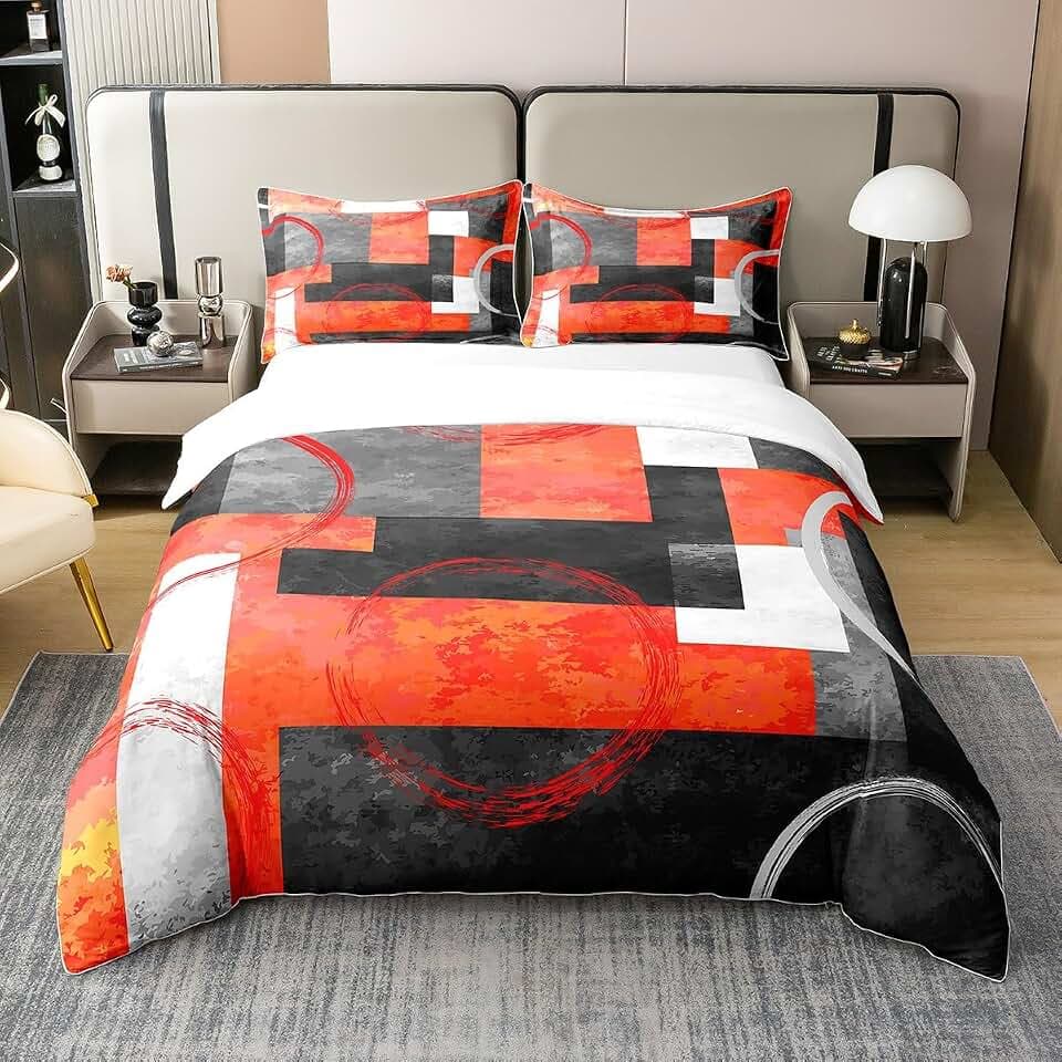 Homewish 100 % gewaschene Baumwolle, Bettbezug 240 x 260 cm, orange-grau, quadratisches Bettwäsche-Set, geometrische Wirbel, Aquarell-Bettwäsche, Ölgemälde, moderne abstrakte Kunst