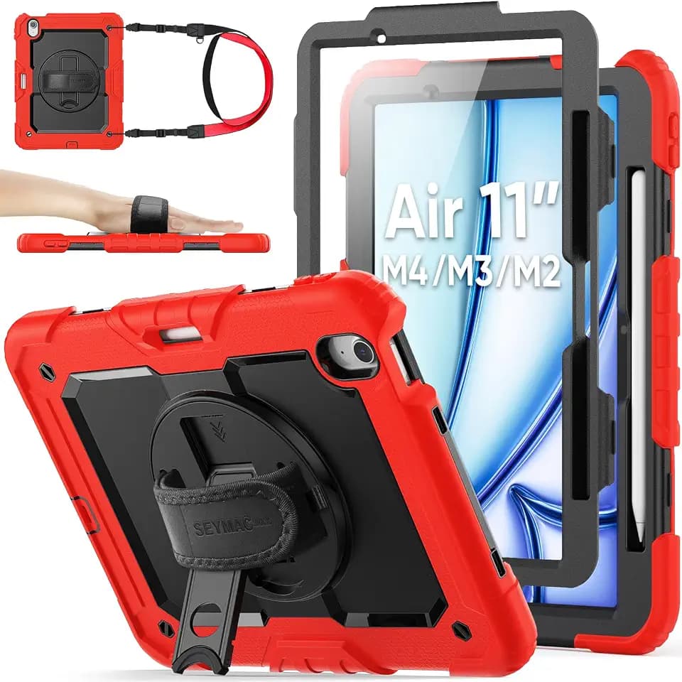 SEYMAC stock Case for iPad Air 11-inch M4-M2 2026-2024 (Gen 8-6), Shockproof Heavy Duty Case with Screen Protector, Pencil Holder, Rotating Stand, Hand Strap, Shoulder Strap, Red