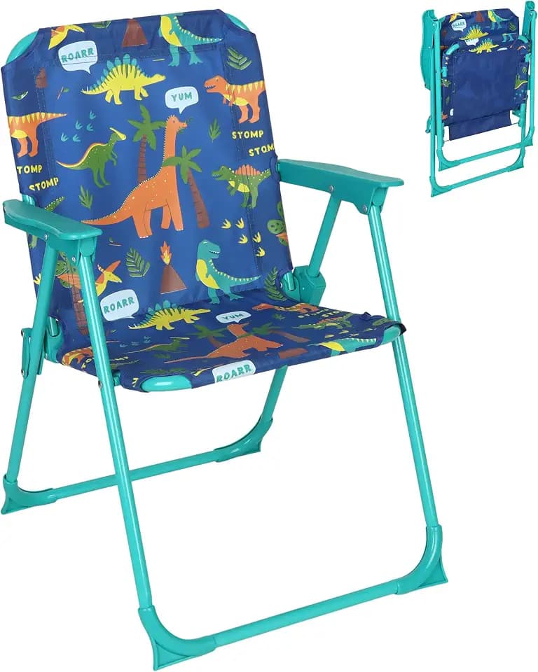 Relaxdays Kinder Klappstuhl, Campingstuhl mit Dino-Motiv, bunt