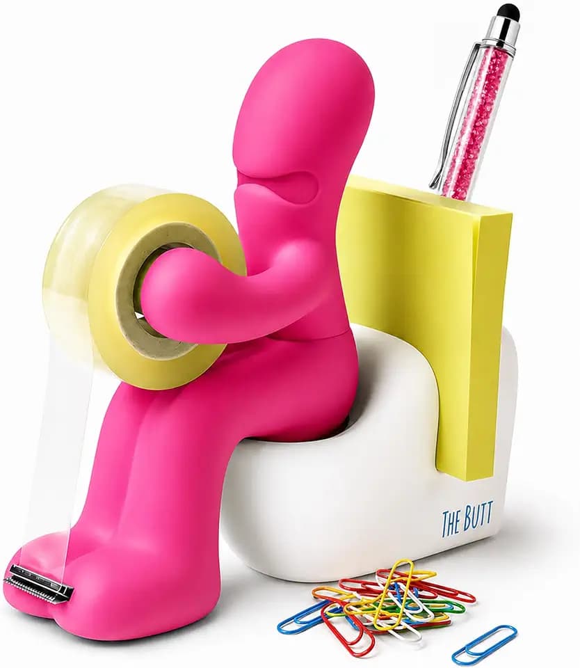 „The Butt“ Klebefilm-Abroller & Schreibtisch-Organizer – lustiges Geschenk für Männer & Frauen, Büro-Gadget mit Büroklammern, Haftnotizen & Stift – Abschiedsgeschenk für Kollegen & Lehrer (Rosa)