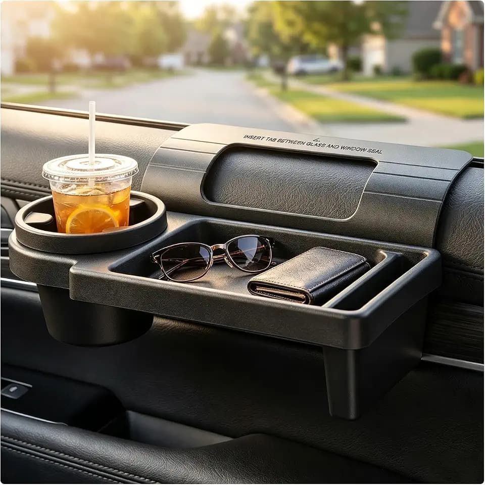Car Window Multifunctional Storage Organizer, Vehicle Door Side Hanging Storage Rack with Cup Holder, Auto Window Mount Organizer for Cell Phone Earphone Key Water Cup (Large)
