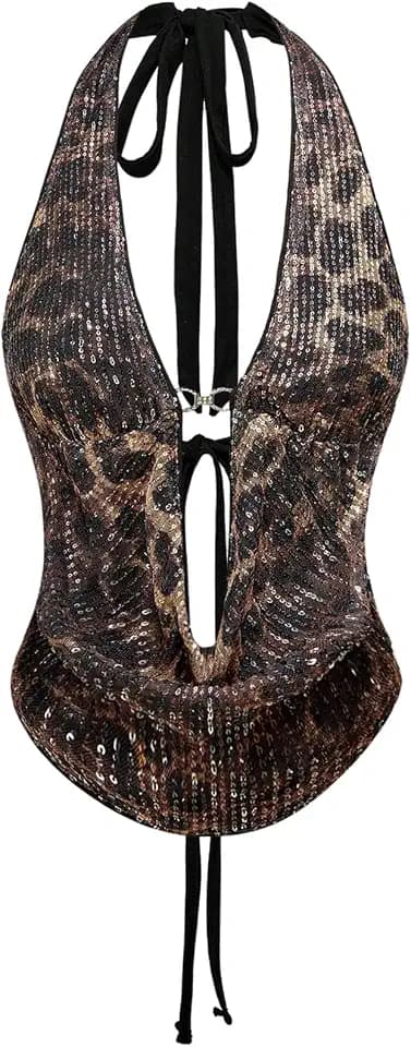 Verdusa Women's Y2K Sequin Cheetah Print Top Halter Going Out Outfits
