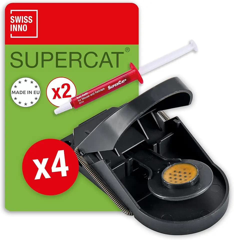 SWISSINNO Mausefalle SuperCat Schlagfalle 4 Stück + 2 Köderspritzen