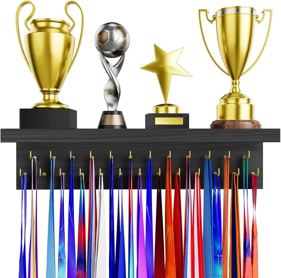 Medaillenhalter mit Trophäenregal, Stabiler Auszeichnung aufhänger ständer aus Holz mit 25 Stahlhaken, Wandmontage Medal Trophy Display Shelf Organizer für Sportfans