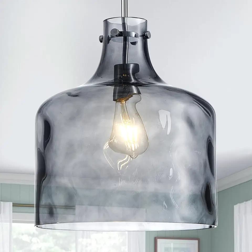 CATINER 16" Farmhouse Smoked Glass Pendant Light, Chrome Hanging Light