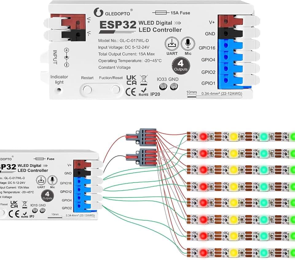 GLEDOPTO LED-Controller WiFi 4 Wege ESP32 WLED - Kompatibel mit Alexa/Google Home - für RGB LED-Streifen 5-24V - Max 15A - GL-C-017WL-D (1 Stück)