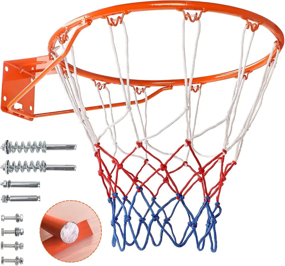 Dripex Solid Basketball Rim 18" Replacement Breakaway Wall Mounted Outdoor Heavy Duty Solid Steel 18 Inch Rim Double Spring with All Weather Net