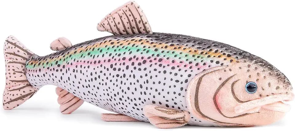 Tiny Heart Simulation Rainbow Trout Plush Toy Fish Stuffed Animal 16.5 inch Super Soft Rainbow Trout Kawaii Adorable Plushie Gift for Kids Adults Boys Girls Home Decor