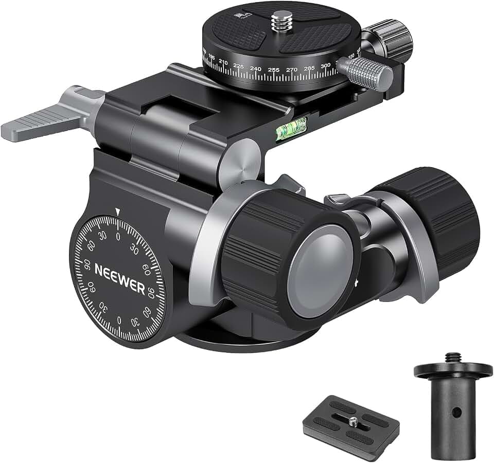 NEEWER 2 Wege Getriebe Stativkopf mit Millimeter Mikro Einstellung, Aluminiumlegierung Pan Tilt Head, 360°Panorama Arca Typ QR Platte kompatibel mit Sony Canon Nikon DSLR Kamera, Max Last 13,2lb, TH14