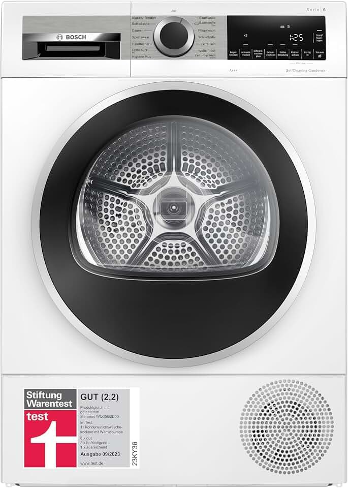 Bosch WQG235D00, Stiftung Warentest GUT (2,2)*, Serie 6, Wärmepumpentrockner 8 kg, Schneller getrocknete Wäsche, Auto Dry, Option Halbe Beladung, Sensitive Drying-System, Selbstreinigender Kondensator
