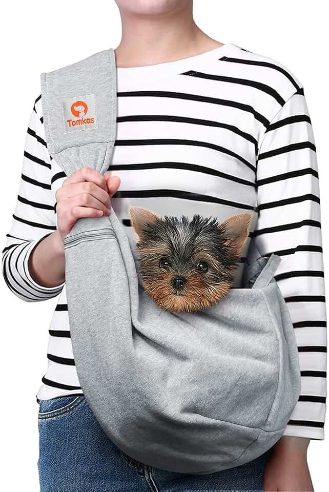 Tomkas Small Dog Cat Sling Carrier Puppy Purse Travel Wrap Soft Crossbody Pet Bag (Grey, M - Zip Pocket & Adjust Strap)