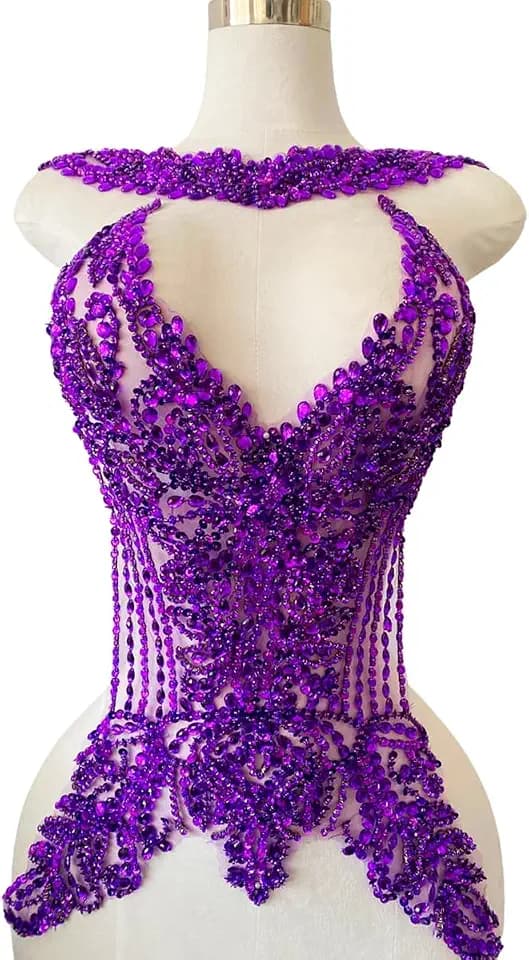 Large Size handsewing Rhinestones Bodice Applique sew on Crystal Beads Sequins Trim Patches Wedding Dress Decoration Accessories 13X16X22in (Purple)