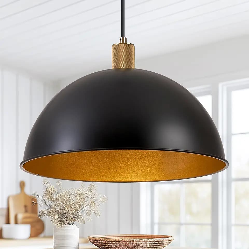 16-inch Dome Pendant Light Fixtures Kitchen Island, Black and Gold