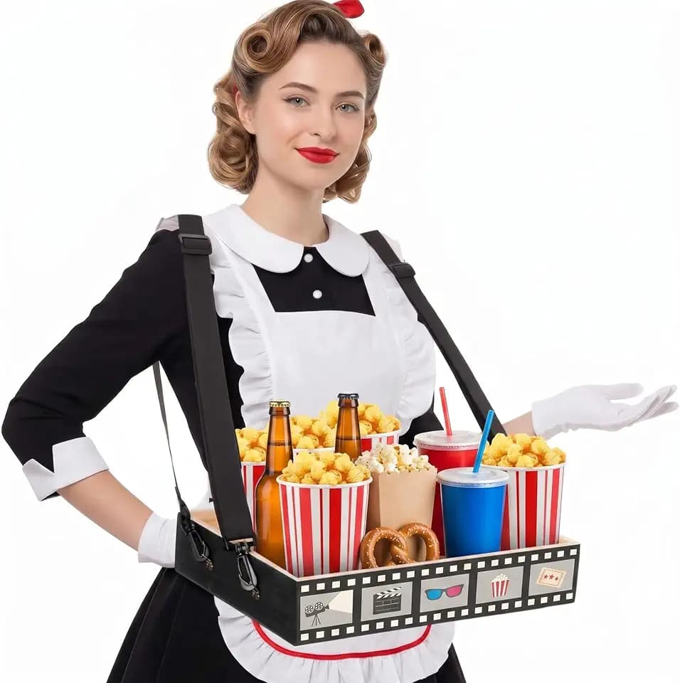 Movie Night Trays with Strap 15 x 10 x 3 Inch Wooden Snack Tray Party Wearable Serving Trays Usherette Popcorn Drink Beverage Carrier for Theater Family Room Film Carnival Prop Supplies(Vintage)