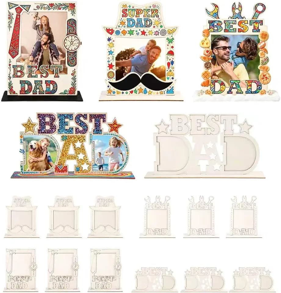 Tuhangcc 12Pcs Father's Day Wooden Picture Frame Set, Featuring 4 Unique Designs with Ties Watches Hats Various Elements DIY Coloring Craft Fit for Father Day Gifts, Home Decoration and Fun Activities