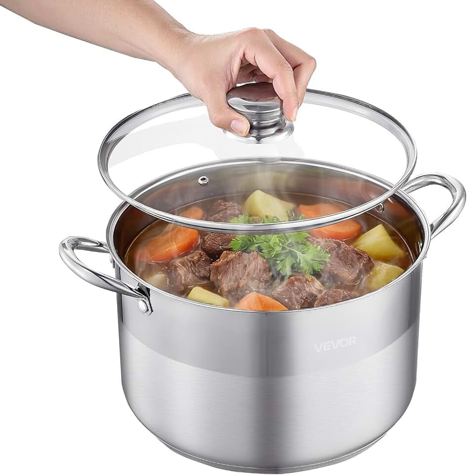 VEVOR Edelstahl Kochtopf 15,1 L Großer Suppentopf mit Glasdeckel Induktionsgeeignet Hochwertiger Nudeltopf PFOA-frei PFAS-frei für Gasherd Elektrokochfeld Ideal für Eintöpfe Pasta Familienportionen