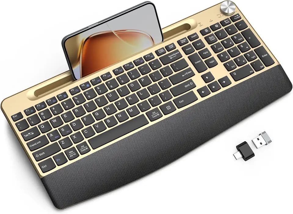 GAMCATZ Ergonomic Wireless Keyboard with Wrist Rest-Low-Profile,Phone/Tablet Holder,Quiet Design，Windows & Mac OS，Full Size Cordless USB Computer Keyboard for Desktop,Laptop, PC, Mac, Windows-Black