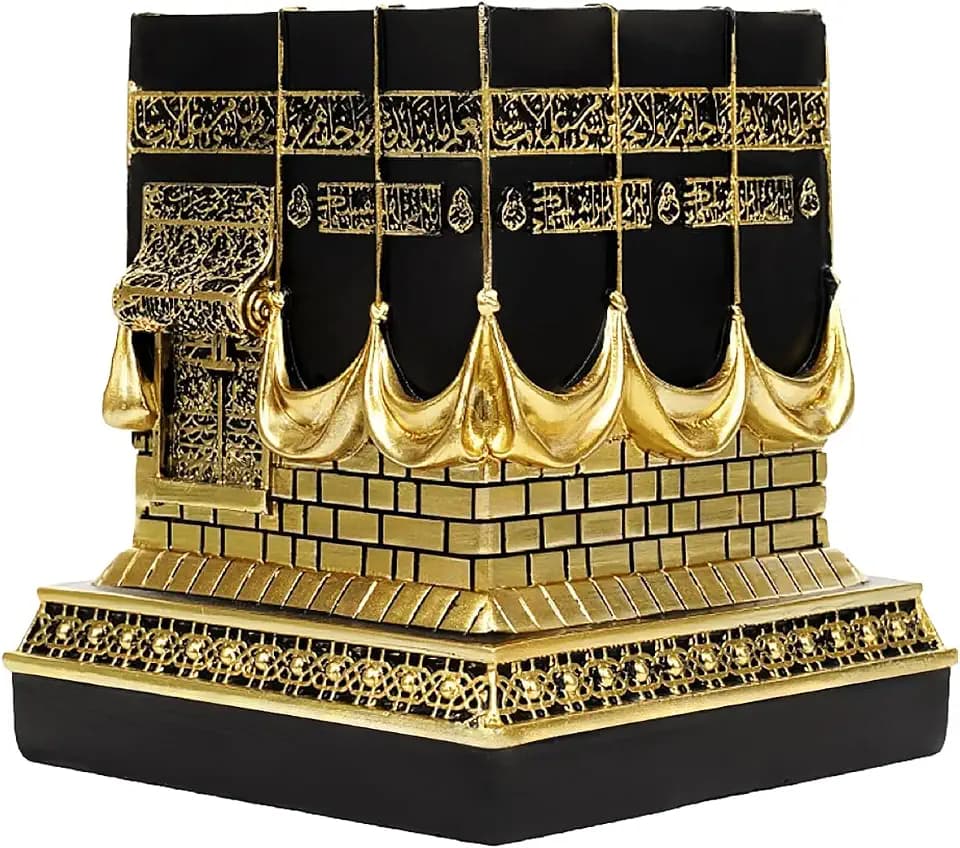 Resin Kaba Replica Decor - 4.6 Inch Golden Black Islamic Prayer House Model with Arabic Script & Rhinestones, Eid Ramadan Gift, Muslim Home Office Desk Decoration (4.17x4.17 in Base) (Gold)