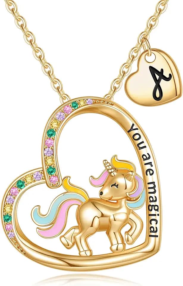 Easter Basket Stuffers - Unicorn Necklace for Teen Girls, Colorful CZ Heart Pendant Initial Unicorn Necklaces for Girl Jewelry Birthday Gift for Kid