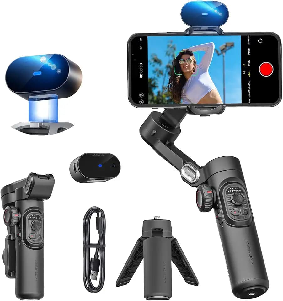 AOCHUAN Gimbal-Stabilisator für Smartphone, NO APP KI-Verfolgung, Gestensteuerung, Inception 360°, mit TikTok YouTube, 3-Achsen-Falt-Gimbal-Stabilisator für iPhone und Android, XE AI-Version