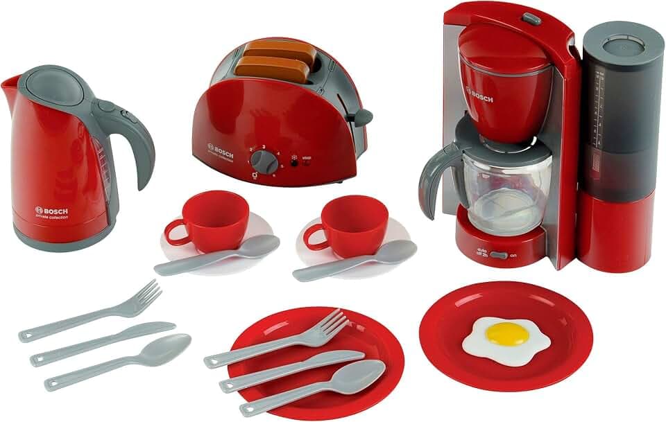 Bosch Theo Klein 9564 Frühstücksset | Küchen-Set bestehend aus Toaster, Kaffeemaschine, Wasserkocher und vielem mehr | Verpackungsmaße: 44,5 cm x 13 cm x 34 cm | Spielzeug für Kinder ab 3 Jahren