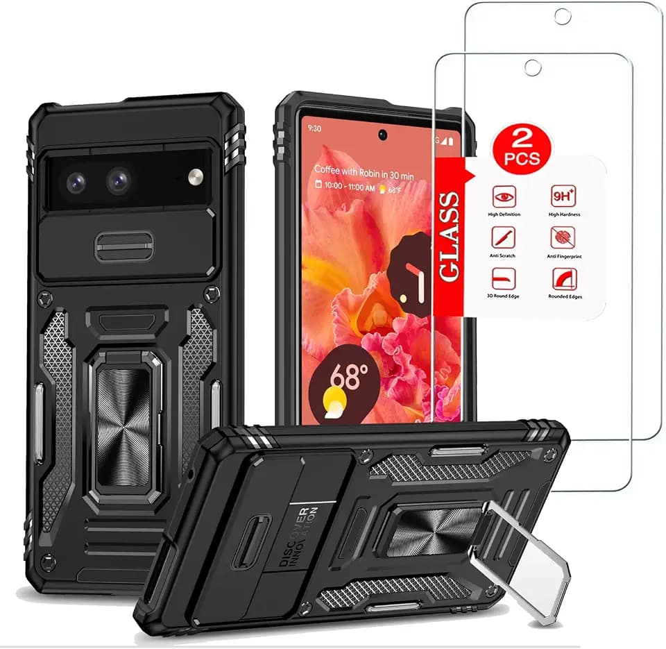 for Google Pixel 7 Case with [2 Pack] Tempered Glass Screen Protector, for Google Pixel 7 Case Heavy Duty Armor [Military-Grade] Protective，with Magnetic Ring Stand Phone Cover Black