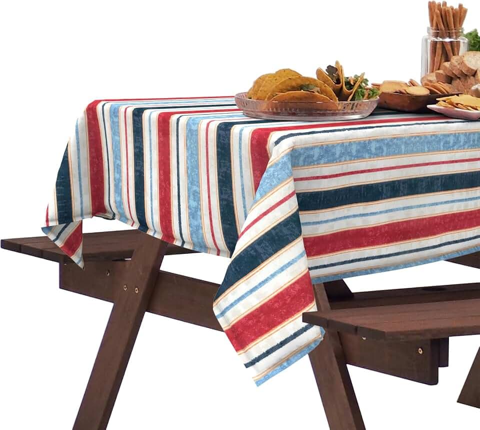 DYTXIII Outdoor Rectangle Tablecloth with Umbrella Hole and Zipper 84" x 60", Water Repellent Floral Picnic Cover, Fade & Wrinkle Resistant Tablecloth for Patio/Garden/Party Table, Stripe Red Blue