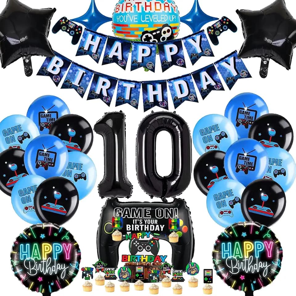 Videospiel Geburtstagsdeko 10 Jahre, Geburtstag 10. Junge Spiel,Gamer Party geburtstag Deko Set, XXL Gaming Controller Folienballons Set mit Banner Cake Topper，für Junge Geburtstag Spielthemen Party