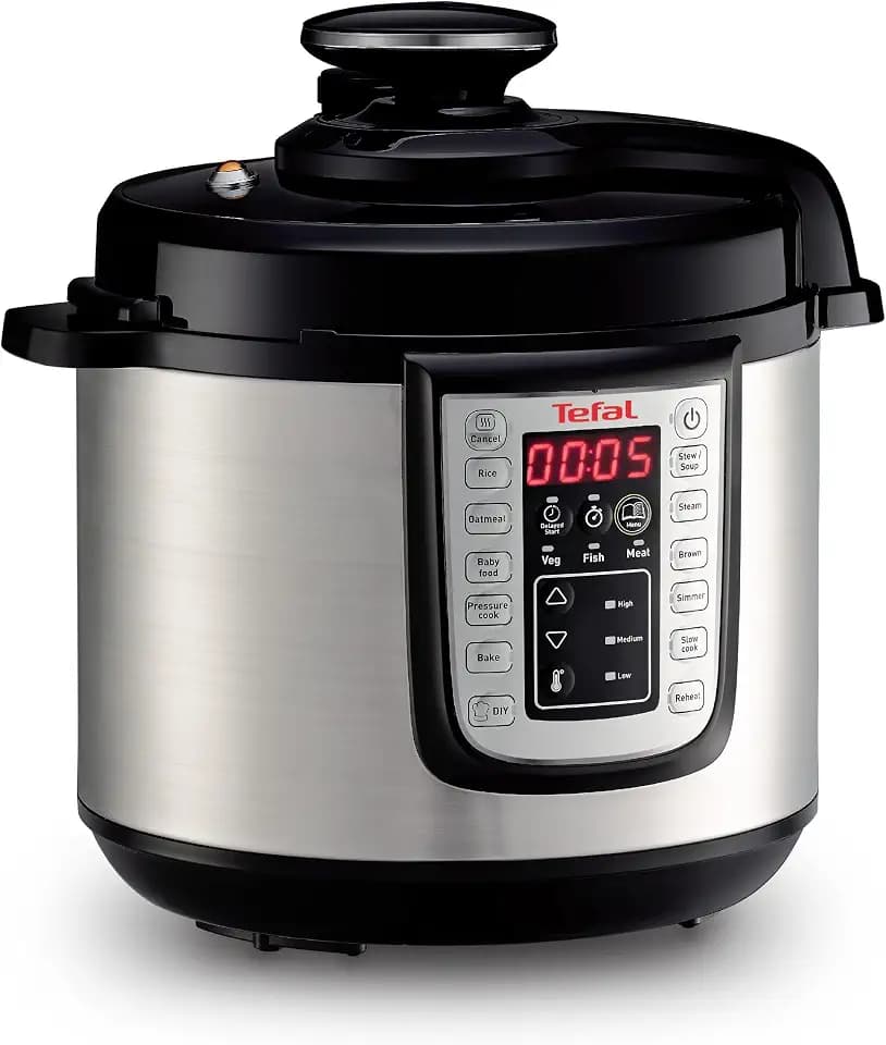 Tefal Fast & Delicious Multikocher, elektrischer Schnellkochtopf, 25 automatische Programme, großes Fassungsvermögen von 6 L, einstellbare Temperatur, inkl. Rezeptheft, Schwarz/Edelstahl, CY505EF0