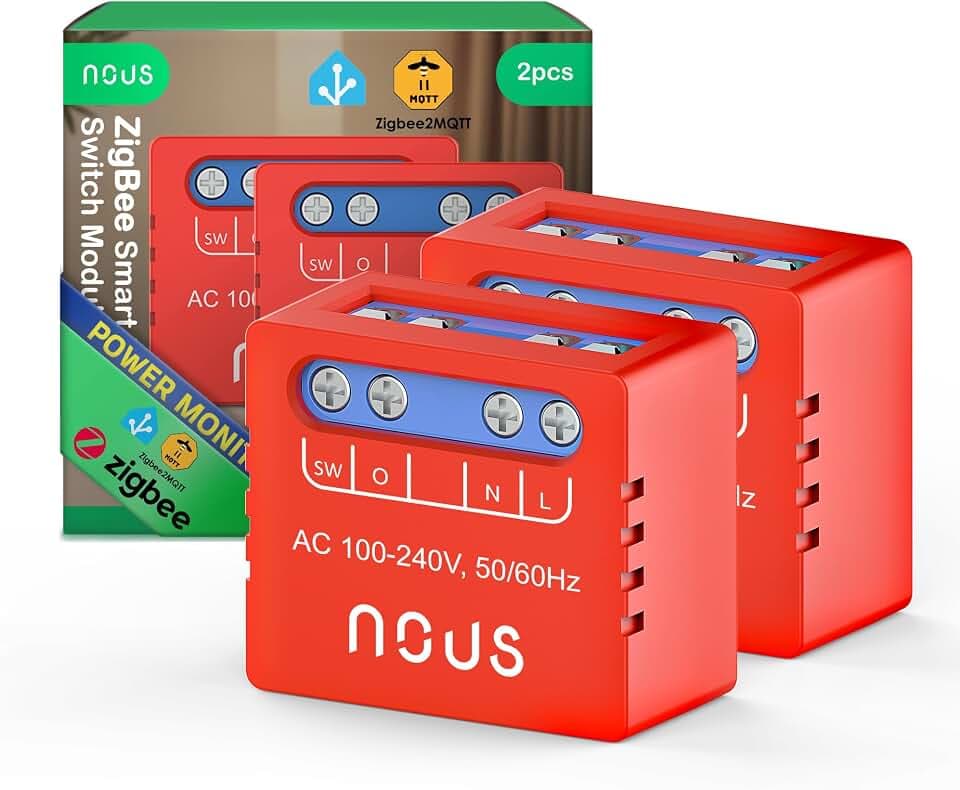 NOUS B5Z ZigBee Mini Smart Switch Modul mit Strommessung-1 Kanal Unterputz Schaltmodul, ZigBee3.0,100–240V,2000W, für Alexa,Google Assistant,SmartThings,Home Assistant, Gateway erforderlich, Pack of 2