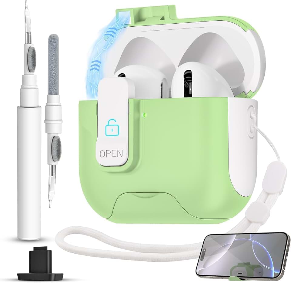 for AirPods 5/4 Case (2026/2024) with Lock and Phone Stand (Light Green)