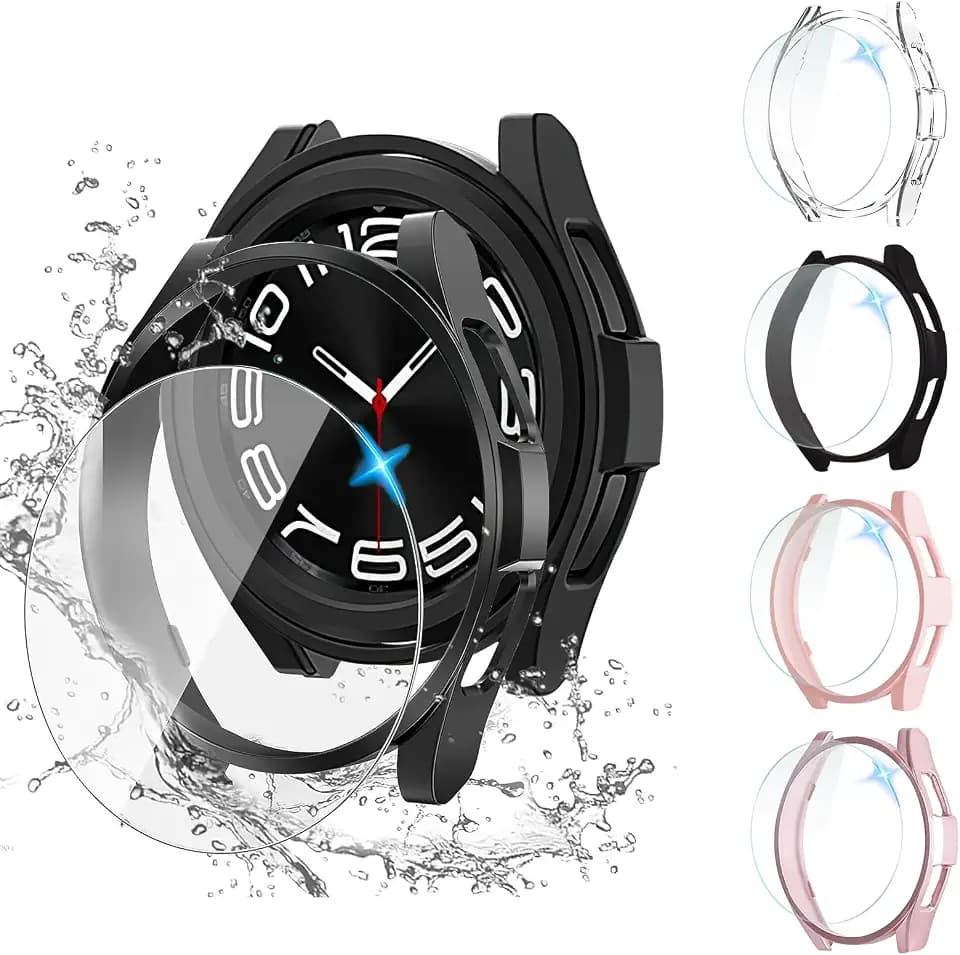 [4+4Stück] MZMSBAO Schutzhülle für Samsung Galaxy Watch 6 Classic 43mm mit Displayschutzfolie, 4 Hartglas Schutzfolie und 4 Hart PC Bumper Case für Galaxy Watch6 Classic (Klar+Schwarz+Roségold+Rosa)