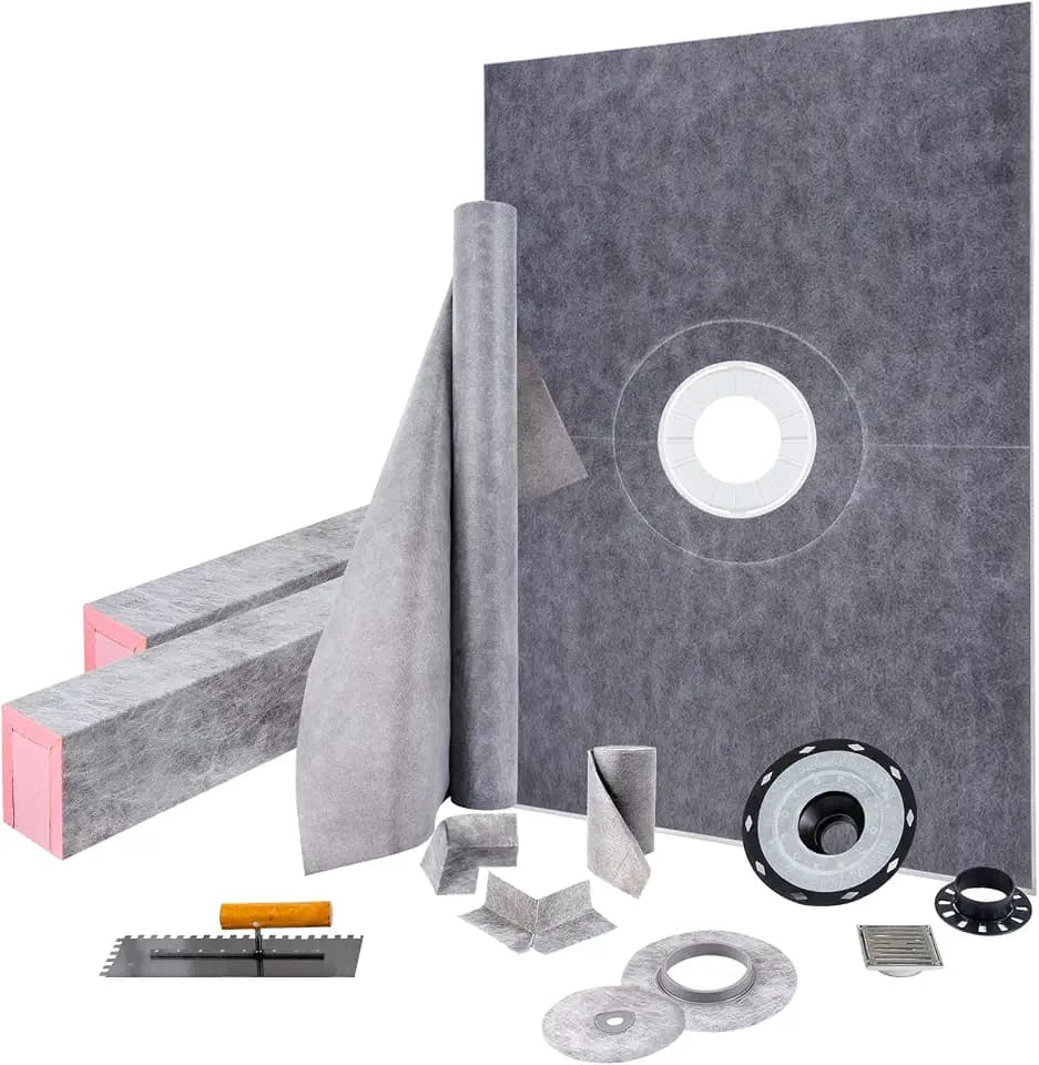 VEVOR Shower Curb Kit, 38"x60" Watertight Shower Curb Overlay with 4" PVC Central Bonding Flange, 4" Stainless Steel Grate, 2 Cuttable Shower Curb and Trowel, Shower Pan Slope Sticks Fit for Bathroom