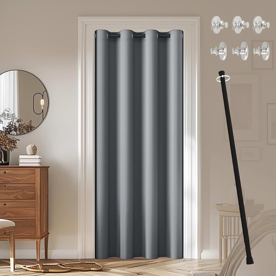 blickdichter Türvorhang mit Teleskopstange, einfache Montage ohne Bohren, 1 Stück Verdunkelungsvorhang Grau H 195 x B 132 cm für Zimmer tür, Stange Schwarz 70-128 cm