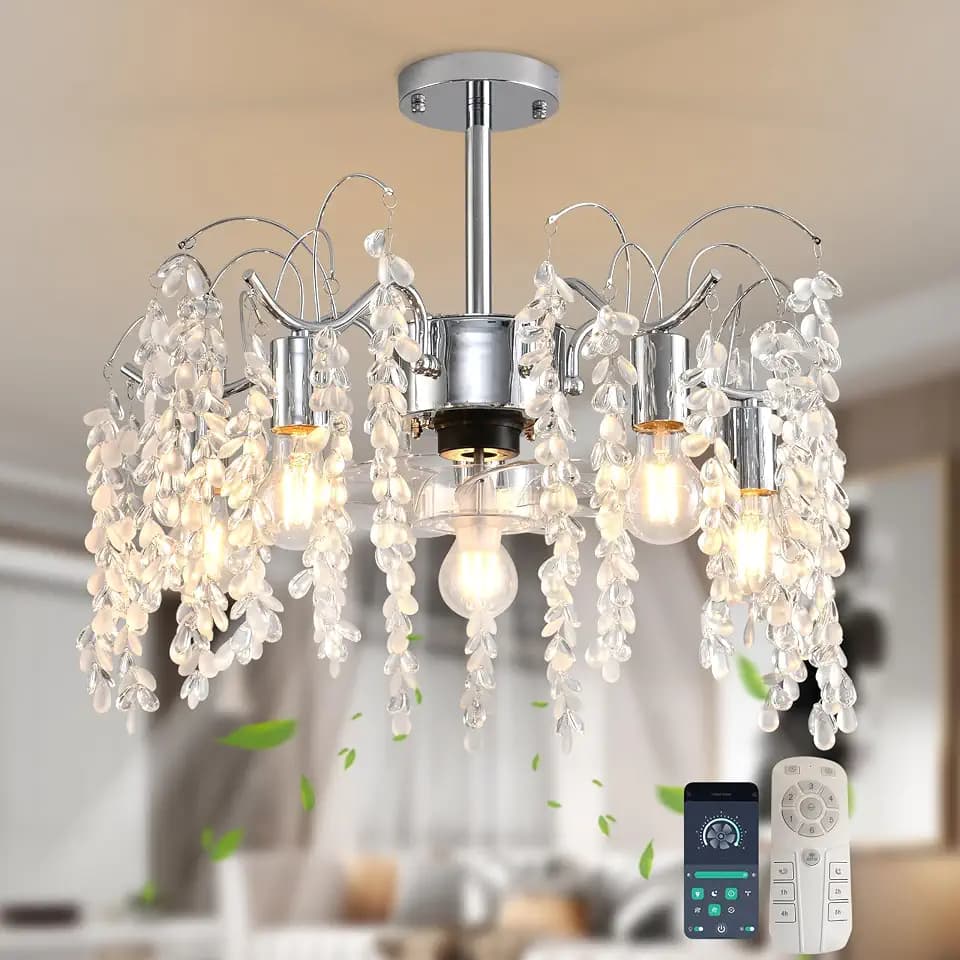 Garwarm 20" Crystal Fandelier Ceiling Fans with Lights and Remote, Chrome
