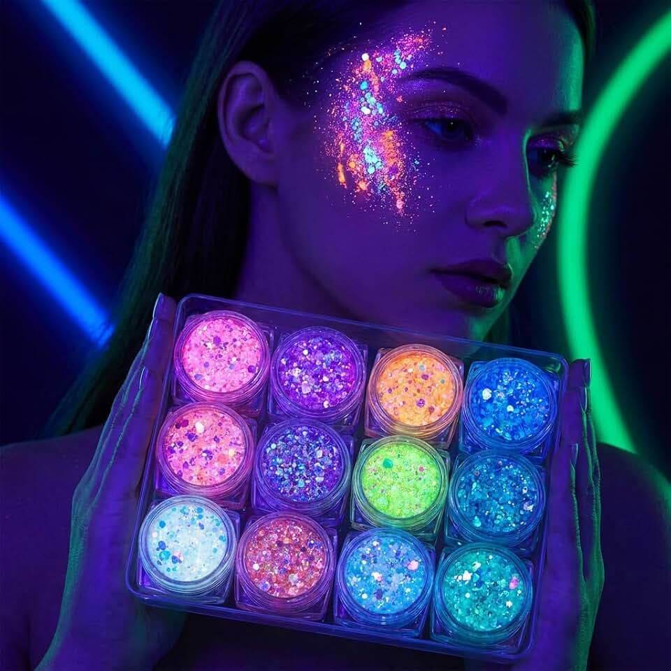 Festival Glitzer Gesicht, 12 Fluoreszierend Leuchtend Chunky Body Glitter und Glitzer Gel Gesicht Glitzer Festival für Festival Karneval Halloween Party Make up Haar Nägel Gesicht Dekoration